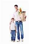 Dad and son with their purchases on a white background