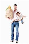 A father holding his son and the food package is isolated