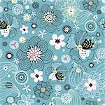 seamless, bright and vivid black floral pattern on a blue background