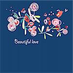 floral greeting card with a bird in love on a dark blue background