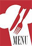 Menu Card Background -  Cutlery, Chef's Hat and Menu Sign on Dark Red Background