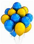 A bunch of yellow and blue party balloons over white background