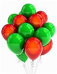 Red and green party ballooons over white background