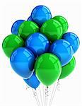 A bunch of green and blue party balloons over white background