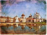 Voznesenskaya Davidova pustin orthodox monastery in Russia. Stylized as old postcard