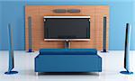 Contemporay blue home theater with couch - rendering