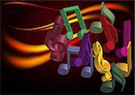 Abstract Party Background - Multicolor Notes and Flames on Black Background