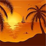 Summer background with palm tree, dolphin and yacht, element for design, vector illustration