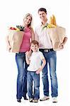 Happy family with food on a white background