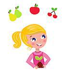 Happy blond gardener girl in pink costume. Vector Illustration.