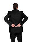 A picture of a man's back with his fingers crossed over white background