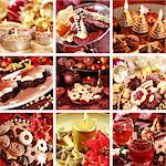 Collection of nine still live photos for Christmas in red and golden tone