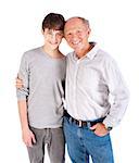 Teenager and grandfather isolated on white background.