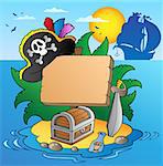 Board on pirate island with ship - vector illustration.