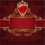 frame with gold ornaments and a shield on red background