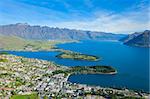 Bird's eye view of Queenstown, lake Wakatipu, and the Remarkables mountains