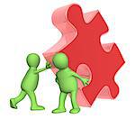 Success of teamwork. Two puppets with puzzle. Isolated over white