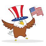 Cartoon patriotic eagle holding american flag. Vector illustration