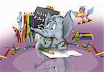 Elephant in School - Cartoon Background Illustration, Bitmap