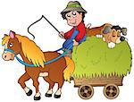 Hay cart with cartoon farmer - vector illustration.