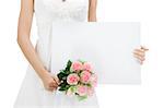 Bride holding a empty white card, ready for text