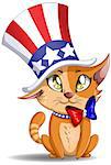 A Vector illustration of an orange kitten wearing a hat and bow designed as the american flag for the 4th of July.