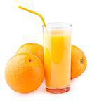 Orange juice and fresh oranges isolated on white background