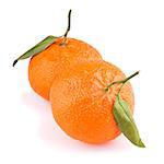 Two ripe tangerines with leaves isolated on white background