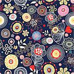 seamless bright floral pattern on a dark blue background