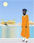 an illustration of a sikh temple guard in front of a holy pool with temple and buildings under a hot blue sky