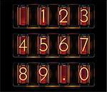Set of detailed glowing nixie tubes showing digits and dot