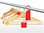 Wooden hangers with sale tags and stickers. Vector illustration.