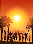 Silhouettes of people dancing on a summery background