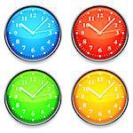 Four clock with color clock faces.
