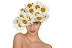 beautiful woman in the hat of daisies isolated on white