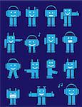 Set of blue cute emotional robots. Cartoon