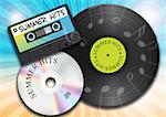 Summer Music - Summer Background with Vintage Vinyl Record, Audio Cassette Tape and Compact Disc