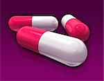 3D capsule pills isolated on purple background