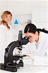 Two female scientists carrying out an experiment looking through a microscope