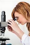 Cute blond-haired scientist looking through a microscope in a lab