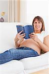 Portrait of a pregnant woman reading a book while lying on a sofa