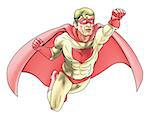 Illustration of  super hero dressed in red and yellow costume and cape flying. Has color haftone style for traditional comic book art look.