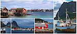 Collage of the coastal town of Reine on the Lofoten, Norway with five pictures of the characteristic Rorbu cabins on stilts, of the harbour and of fishing boats