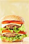 Double cheeseburger with tomatoes and lettuce on yellow background