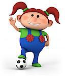 cute little cartoon girl with soccer ball and waving - high quality 3d illustration
