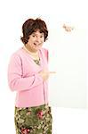 Humorous transvestite cross dresser holding a blank white sign.  Isolated on white.