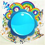 Colorful background with butterflies and drops over colored circles