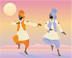 an illustration of two punjabi dancers with colorful traditional clothing dancing under a sunset sky