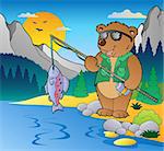 Lake with cartoon fisherman 2 - vector illustration.
