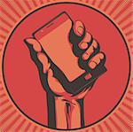 Vector illustration in retro style of  a hand holding a cool modern cell phone